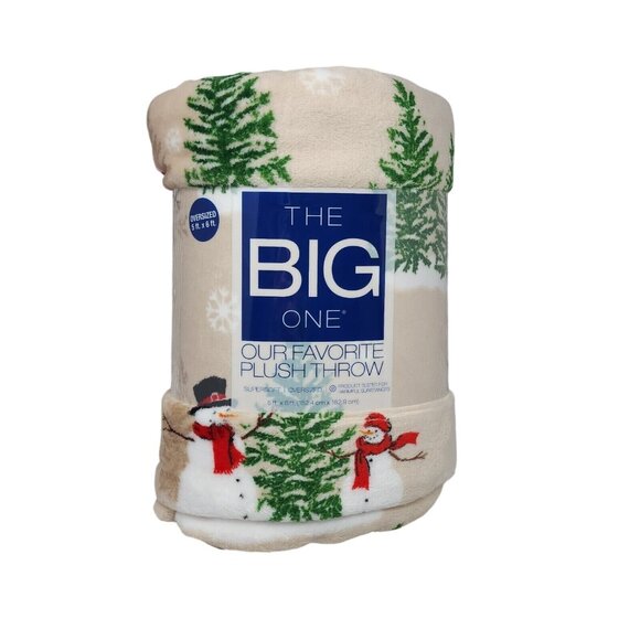 The Big One Oversized Holiday Plush Throw Blanket 5'x6' Yuletide Snowmen Tan - Picture 1 of 9